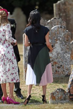 The Duchess of Sussex arrives to attend the wedding of Charlie van Straubenzee and Daisy Jenks at St Mary the Virgin Church in Frensham, Surrey. PRESS ASSOCIATION Photo. Picture date: Saturday August 4, 2018. See PA story ROYAL Sussex. Photo credit should read: Yui Mok/PA Wire